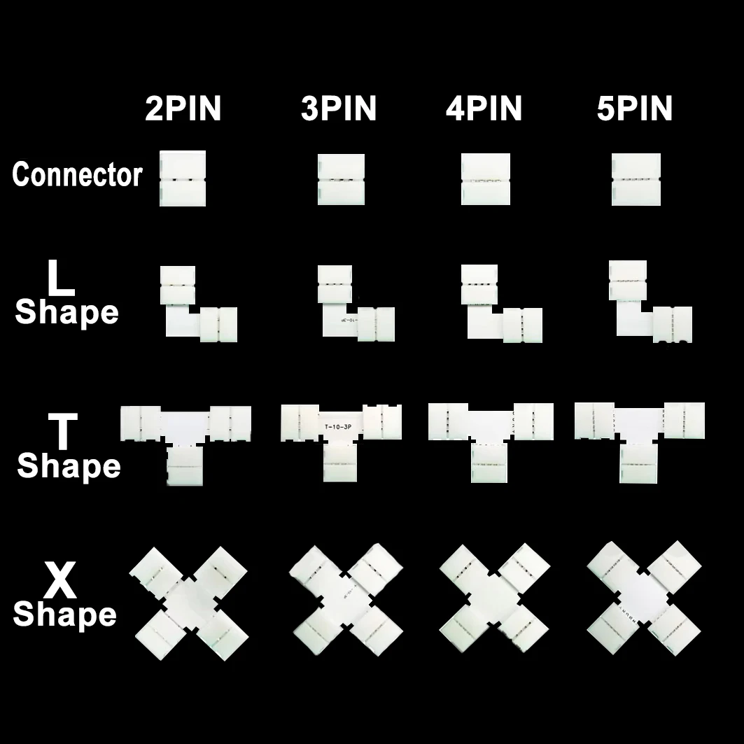 5PCS 10mm L / T / X Shape Connector 2/3/4/5PIN Free Soldering  For Led Strip Light WS2811 WS2812b WS2813 WS2815 RGB RGBW RGBWW
