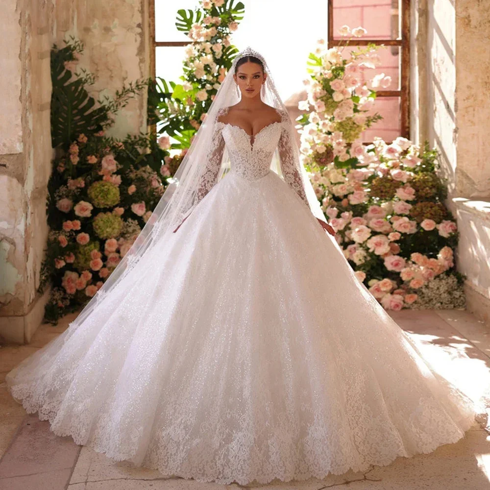 Romantic Ball Gown Off Shoulder Wedding Dresses Long Sleeve Shine Tulle V-Neck Bridal Gown Vestidos De Novia Customized