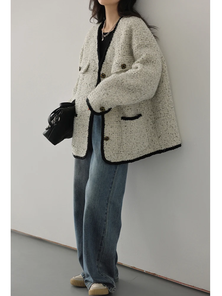 CHIC VEN Fashion Women's Wool Coat Single Breasted Vintage Jacket V-Neck Office Lady Overcoat Female Tops Spring Autumn 2023
