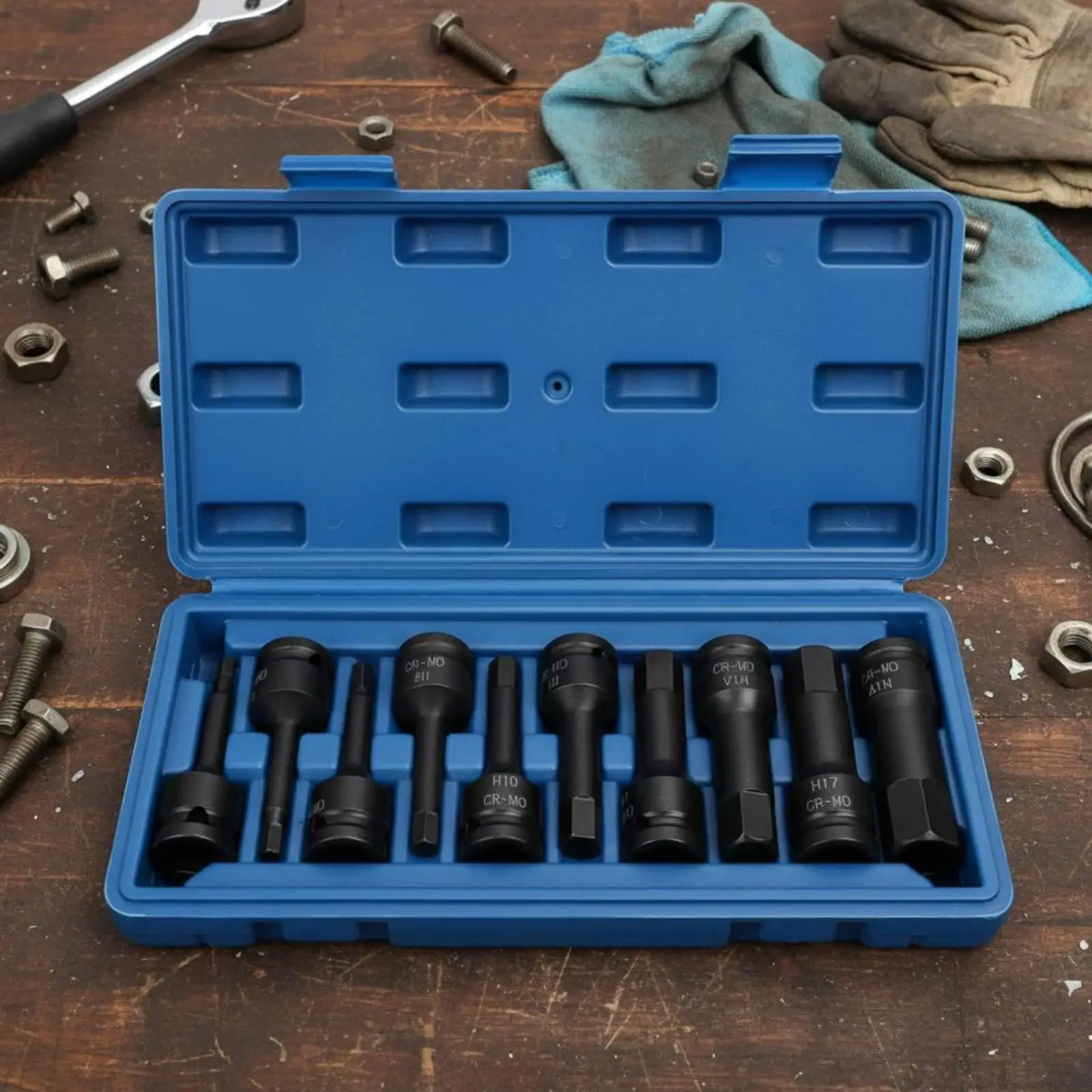 10 Piece Hex Wrench Bit Set S2 Steel Pneumatic Socket Wrench Attachment H5-H19 for Workshop Power Tools