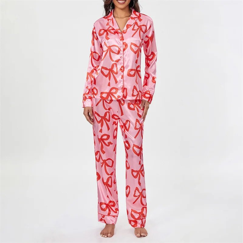 Dourbesty Women 2 Pieces Pajama Sets Long Sleeve Lapel Button Up Shirts Tops Bow Print Pants Sleepwear Sets Valentine's Day 2025