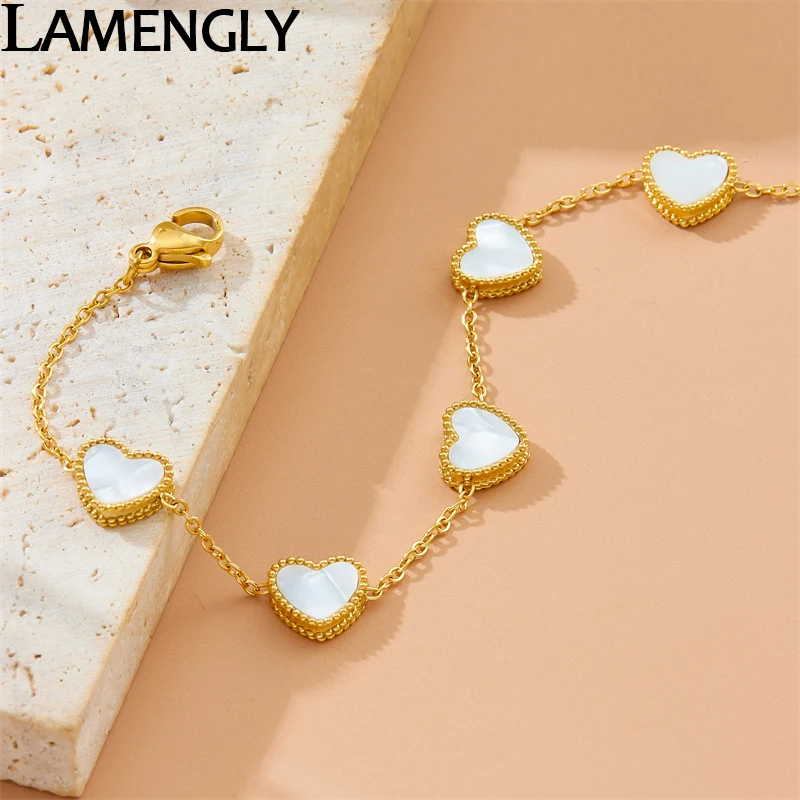 LAMENGLY 316L Stainless Steel Simple Double-Sided Shell Heart-Shaped Bracelet For Women Girl Elegant Wrist Chain Jewelry Gift