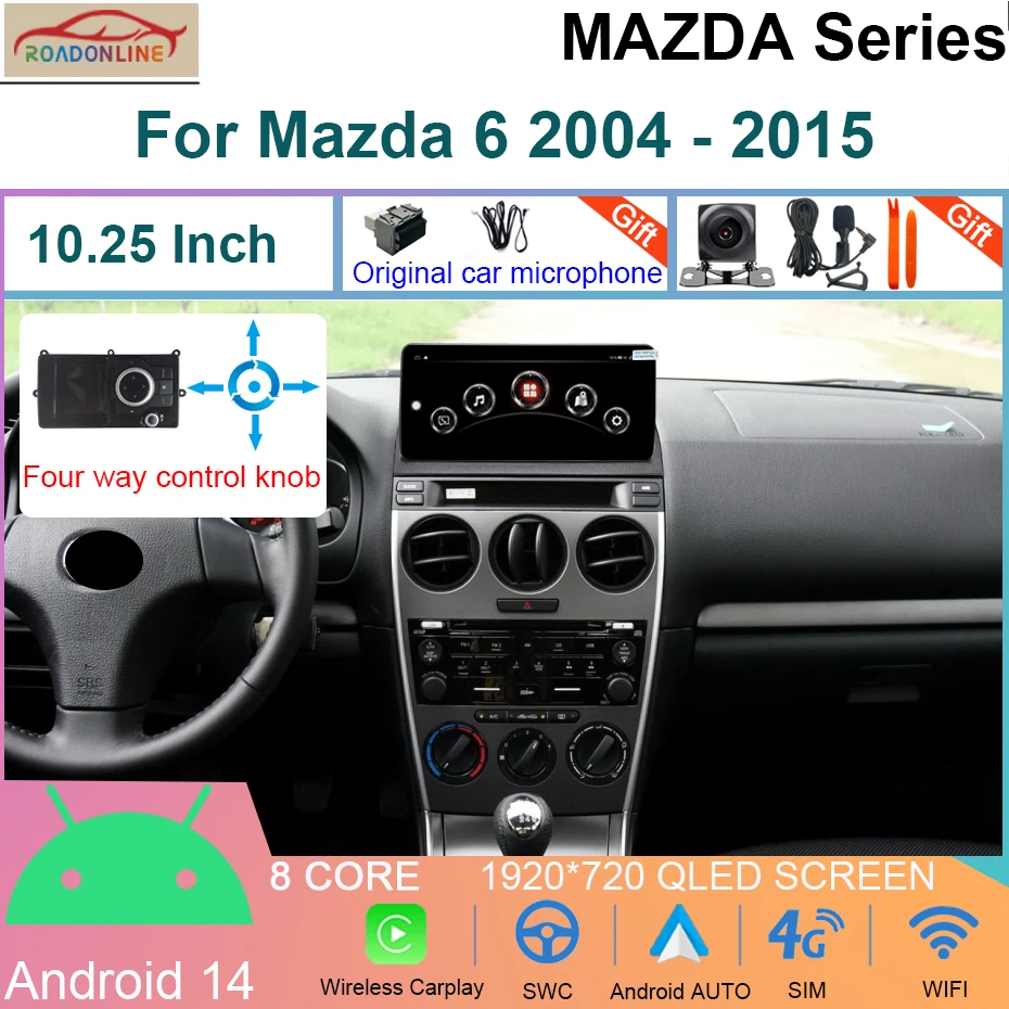 

10.25 Inch 8+256GB Android 14 Car GPS Navigation For Mazda 6 2004 - 2015 Multimedia Radio Player Carplay 4G Android Auto