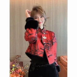 2026 chinese spring festival new red printed tang suit coat elegant warm thicken cotton garment retro temperameny versatile coat