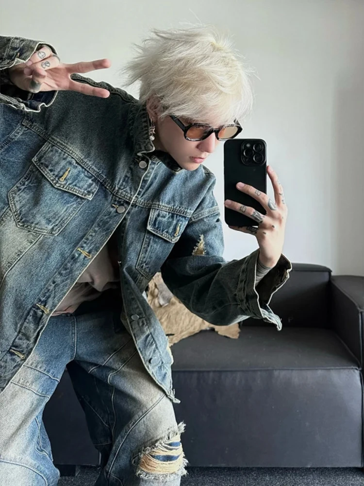 American Sle Vintage Destroyed Denim Jaet Men's Trendy High-End Feeling Cool Jaet Spring Autumn Workwear Top