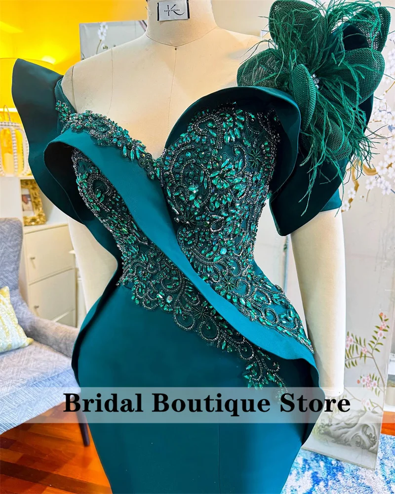 Elegant Aso Ebi Green Evening Dresses Beading Crystals Feathers African Wedding Prom Birthday Party Dress Robes Customized