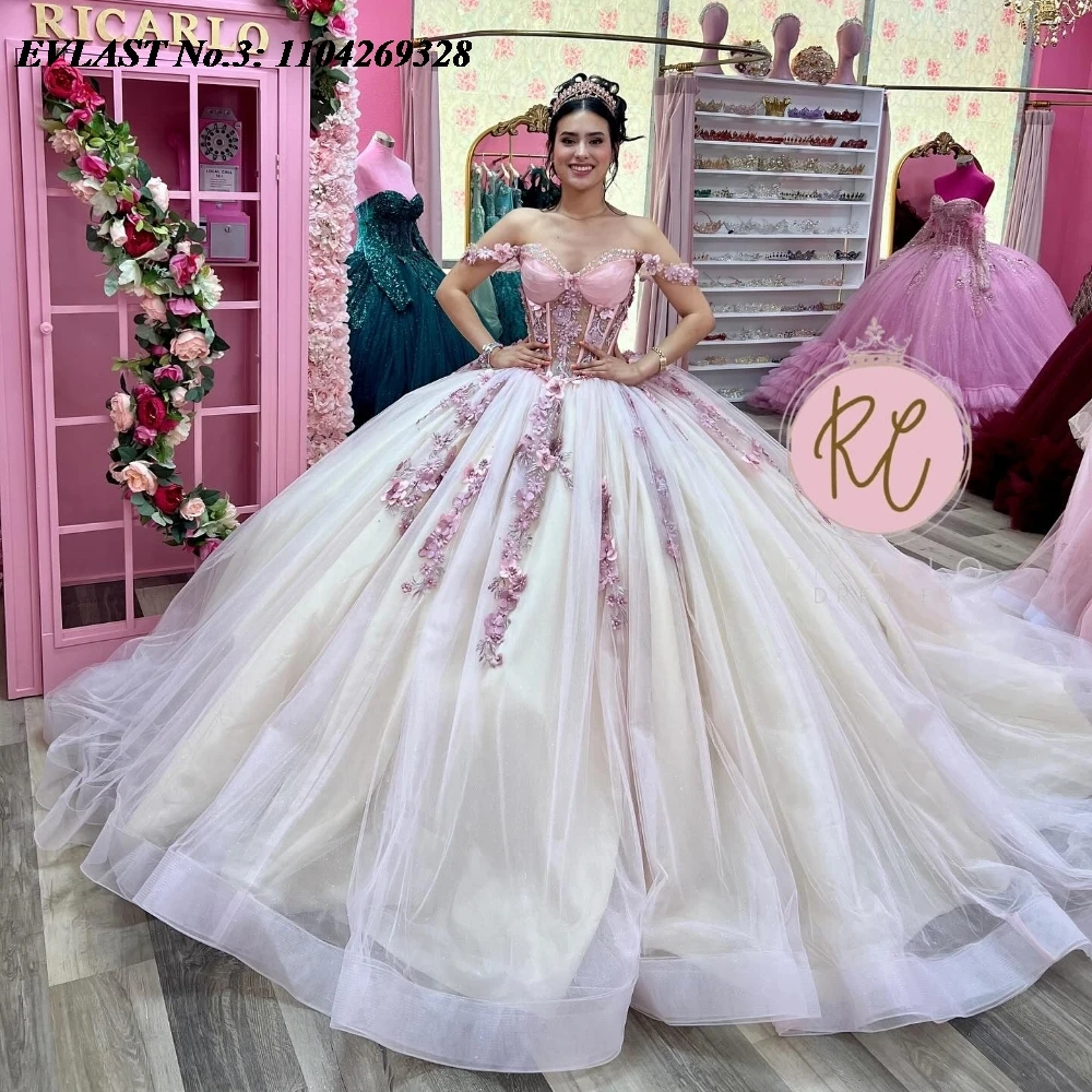 EVLAST Disesuaikan Pink Quinceanera Gaun Bola Gaun 3D Bunga Bordiran Manik-manik Meksiko Korset Manis 16 Vestido De 15 Anos E3Q474