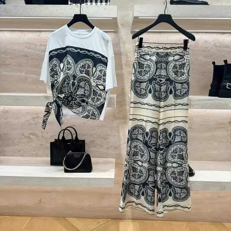 

Весна 2024 S Home Длинный топ с принтом пейсли и узкими брюками с высокой талией и широкими штанинами, комплект для поездок на работу, ансамбль из полиэфирного волокна