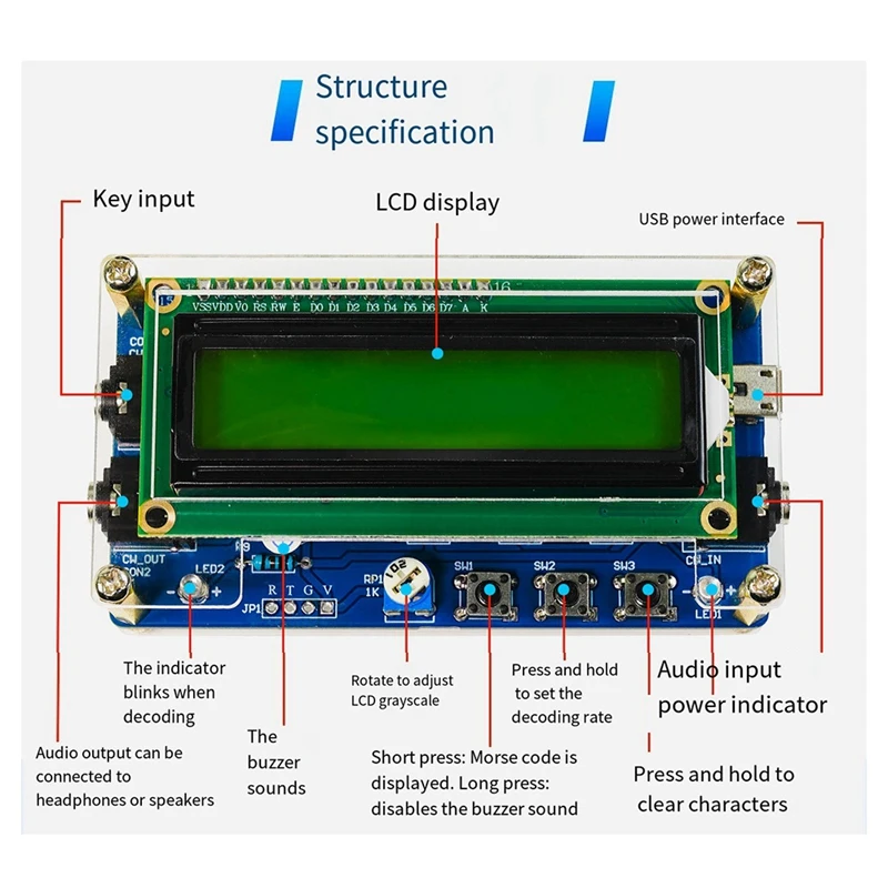 New Upgraded HU-069B CW Morse Code Decoder Trainer Parts Electronic DIY Circuit Board Welding Practice Kit-A22G