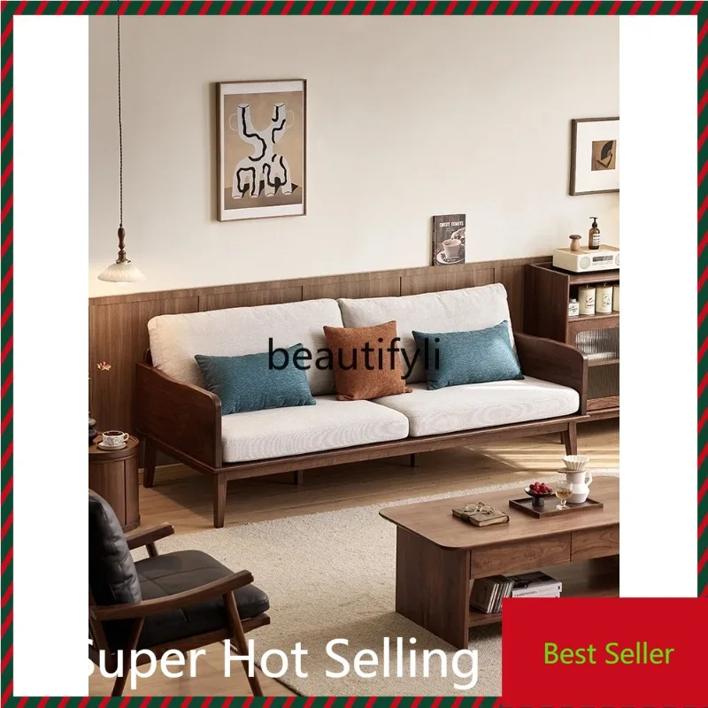 QQ132 North American black walnut sofa Nordic solid wood living room furniture three-person fabric sofa