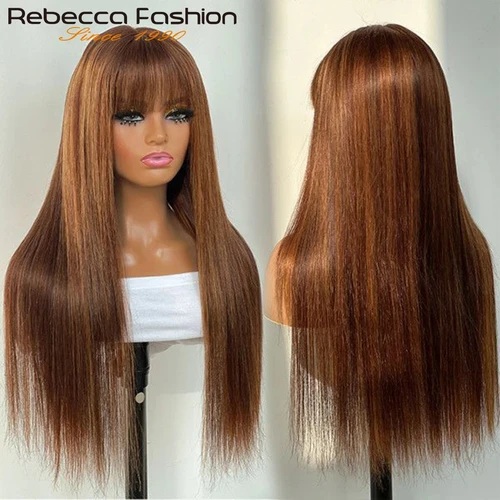 Pelucas de cabello humano Rebecca Highlight P4/30/27 rectas con flequillo pelucas de cabello humano liso brasileño pelucas hechas a máquina completas