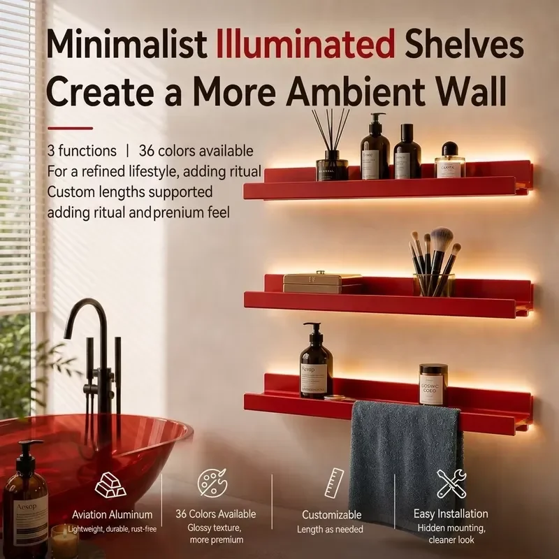 2026 New, High Quality Modern Aluminum LED Floating Shelf with 36 Color Custom Ambient Light Wall Mounted Storage for