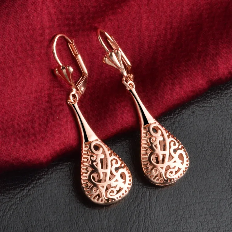 

925 Sterling or Rose Gold Filigree Lute Teardrop Lever Back Drop Dangle Earrings for Women Wedding Bridal Jewelry Gifts