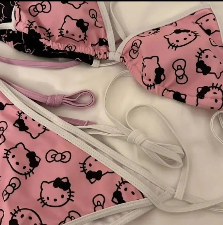 Hello Kitty 2-częściowy Bikini Anime Kuromi Y2K dziewczyny seksowny Halterneck strój kąpielowy damski regulowany strój kąpielowy biustonosz