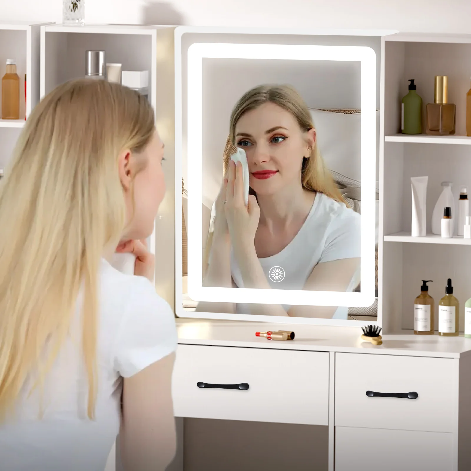 Modern White Makeup Vanity Dressing Table Set, Touch LED Light Mirror, Side Cabinets & Open Storage Shelves, Multiple Drawers with Padded Stool for Bedroom
