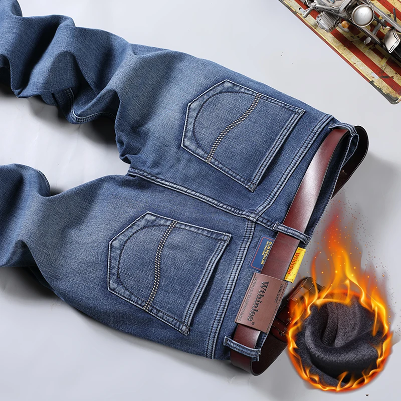 Autumn and Winter Fleece-lined Business Jeans Men's Straight Classic Labor Suit Casual Loose Thickening Keep Warm Winter Pants