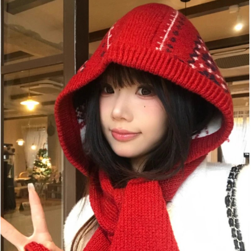 New Ethnic Style Jacquard Balaclava Hat Women's Winter Outdoor Warm Hooded Neck Guard Integrated Lace-up Pullover Knitting Cap