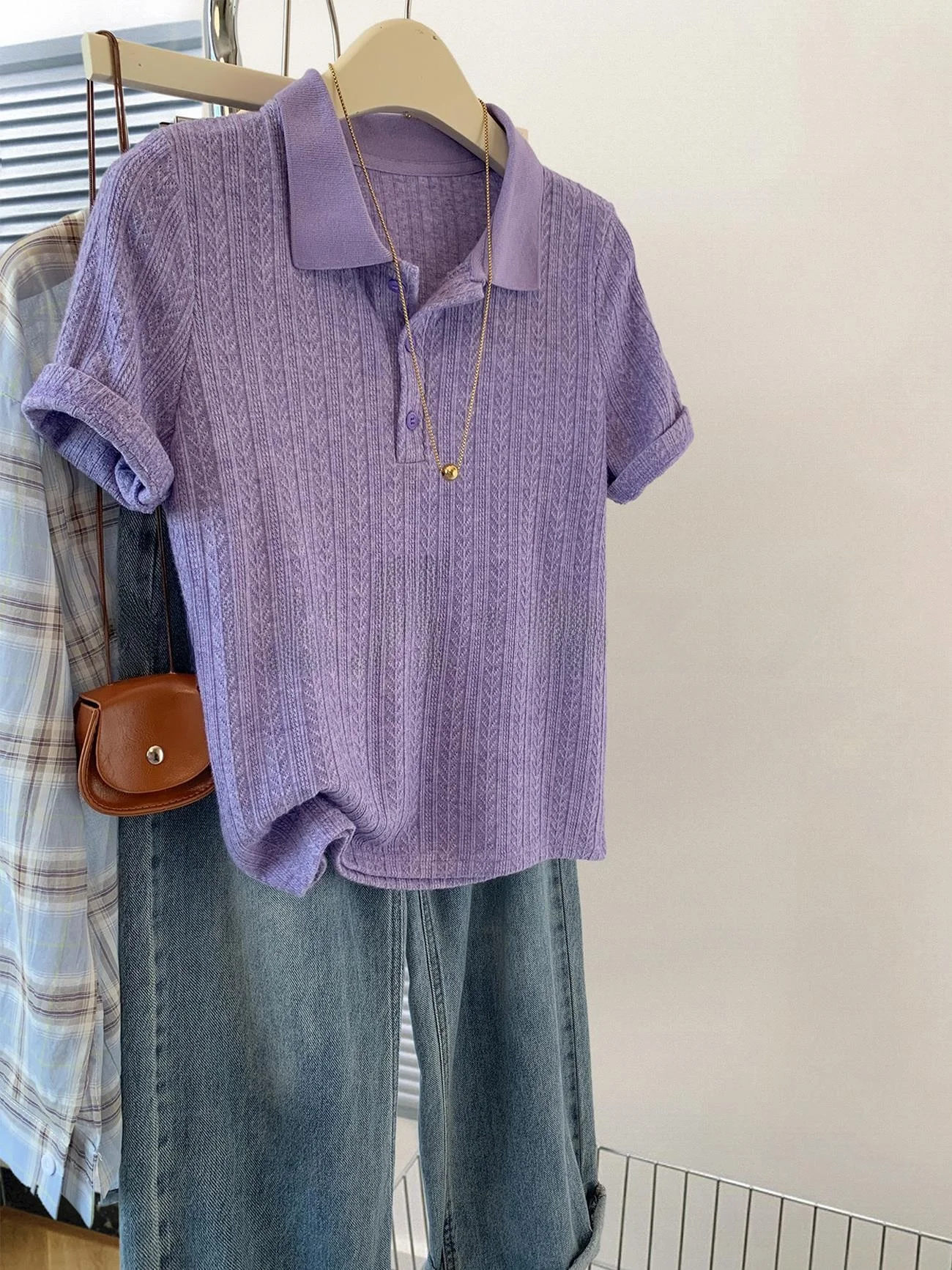 

Purple Ice Silk Knitted Short Sleeve Shirt Summer Casual Loose Fit Women's T-Shirt Comfortable Breathable Shoulder Size