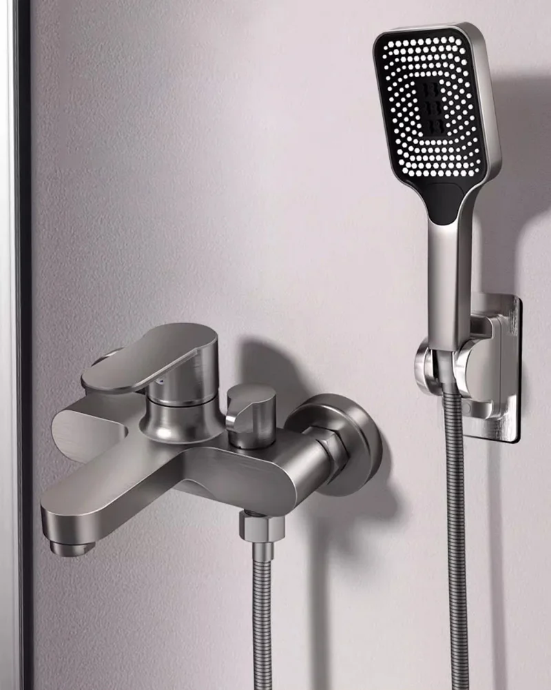 Bathroom Shower Faucet with Handheld Sprayer Wall Mount Household Triple Hot and Cold Mixer Tap Switch Single Handle Tub Filler
