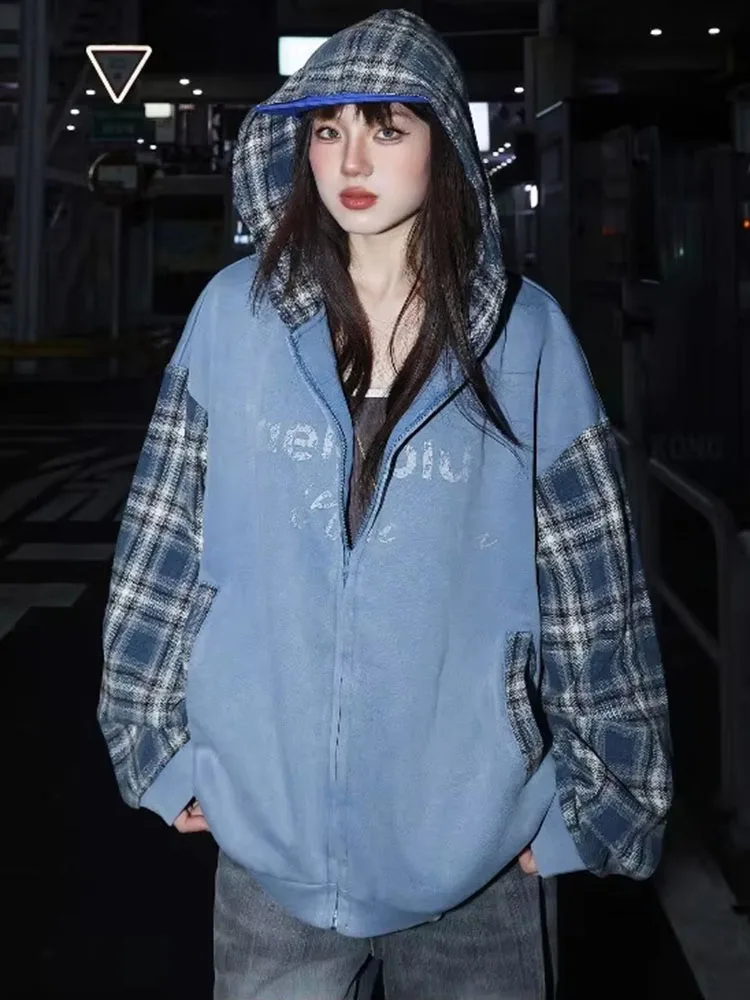 American Streetwear Hoodies Fake Two Piece Plaid Patchwork Pockets Sweatshirts Y2k Punk Gothic Coats Harajuku Women's Clothing