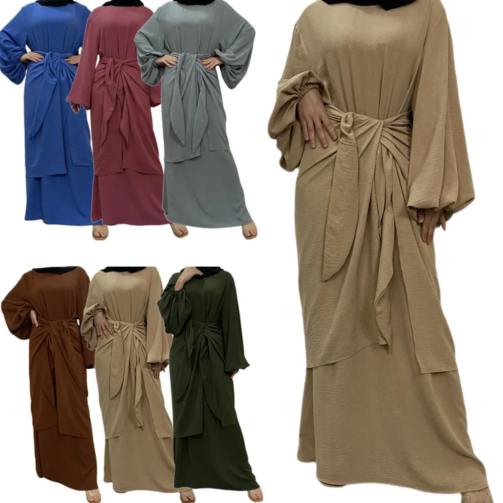 Eid Two Pieces Wrap Dress Set Inner Abaya Women Muslim Long Dresses with Tied Wrap Skirt Matching Suit Dubai Turkey Modest Abaya