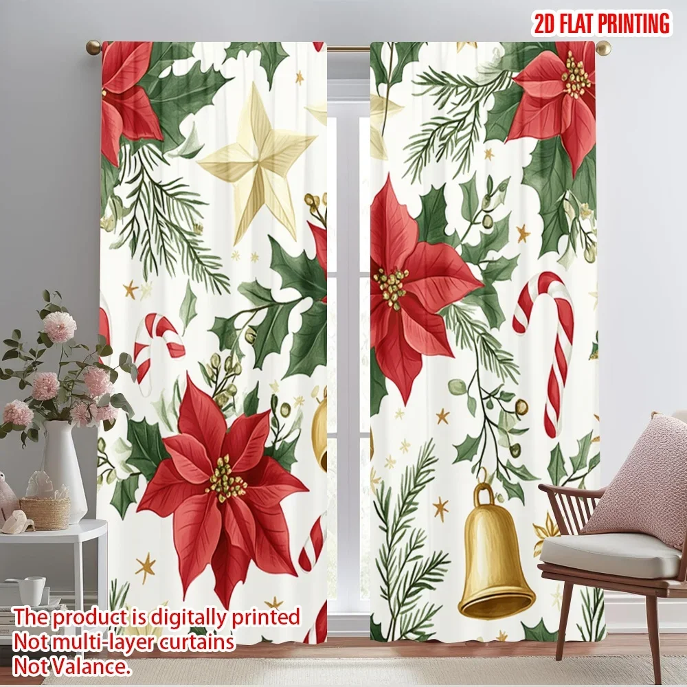 2pcs,2D plane printing Creative Curtains Christmas Bells Poinsettia Holly Polyester Easy Install (without rod) Holiday Use for
