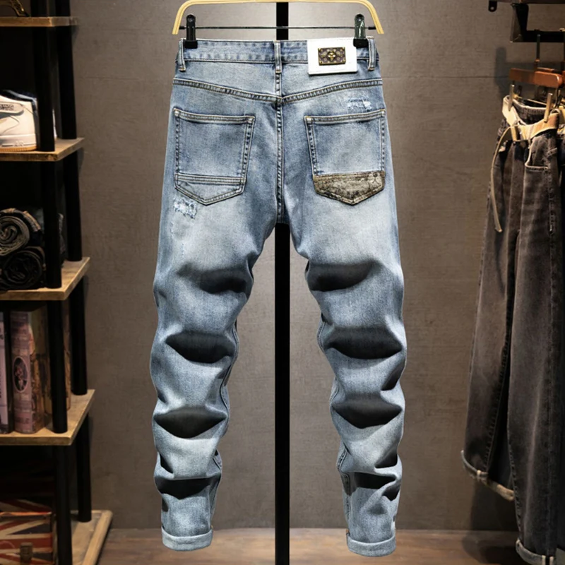 Street Designer Fashion Men Jeans Retro Blue Stretch Slim Fit Embroidery Patched Ripped Jeans Men Hip Hop Vintage Denim Pants