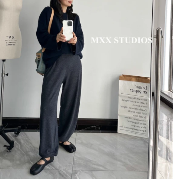 100% Sheep Wool Button Waist Loose Casual Puff Pants Wool Knit Pants