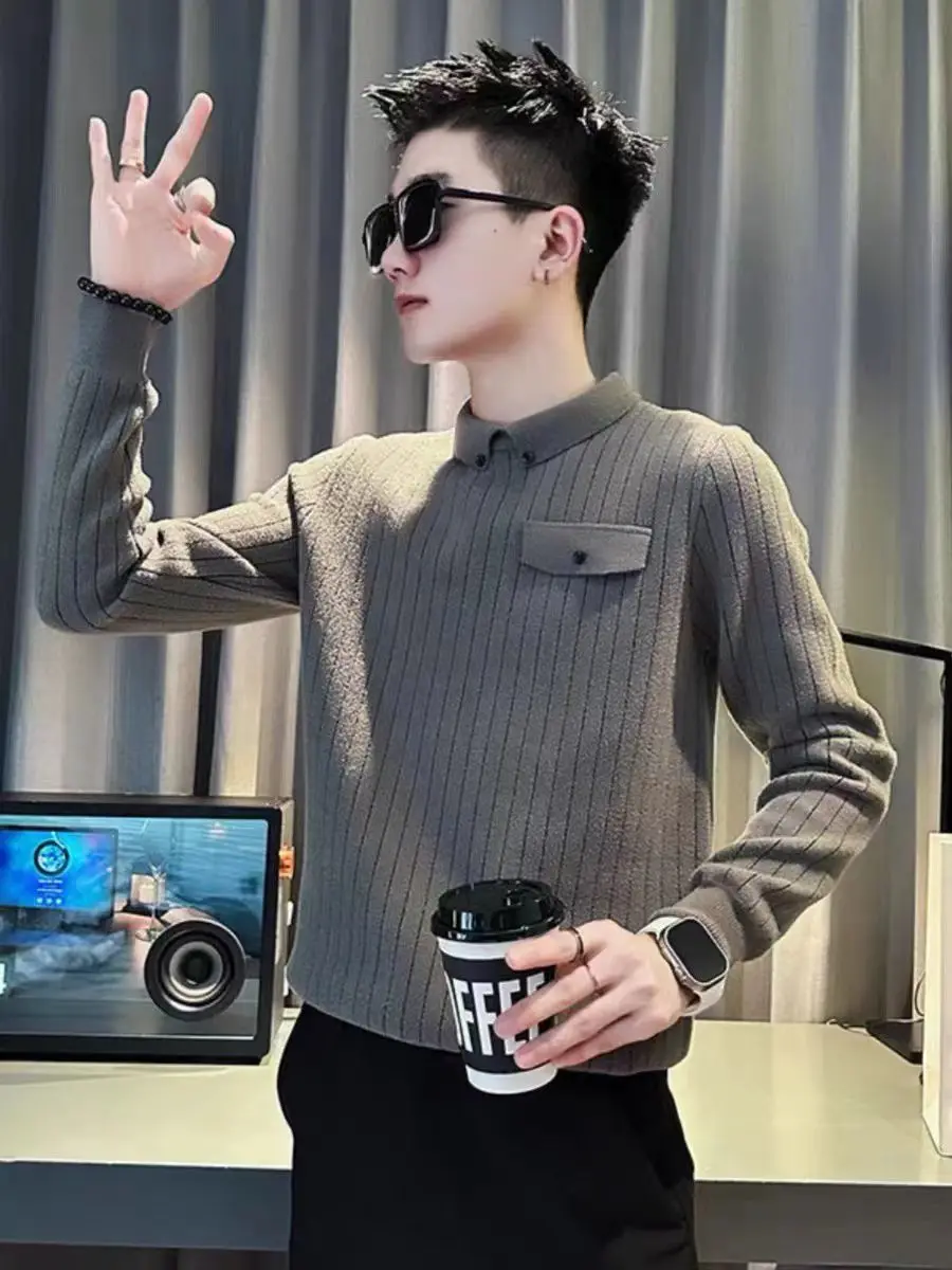 

Base Sweater Long Sleeve Casual Trendy Slim Striped Handsome Winter Men's Sweater POLO Collar Top