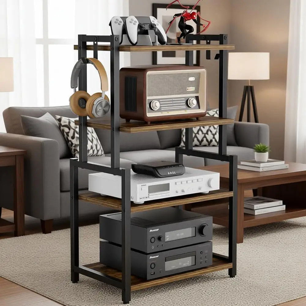 

4-Tier Media Shelf with Hooks, Stereo Rack, Entertainment Center for Games, Vinyl Storage in Rustic Brown