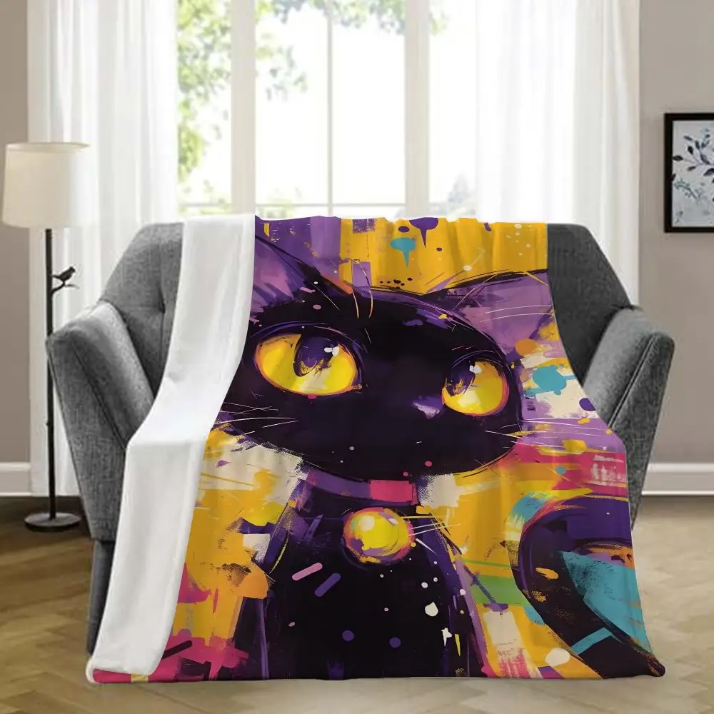 Street Art Black Cat Throw Blanket, Colorful Splatter Paint Kitty Decor Sofa Blanket Throw Blanket Aesthetic Portable Home Trave