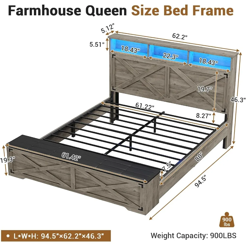 Marco de cama con otomana de almacenamiento, estructura de cama de granja con estación de carga y luz Led, cabecera con estante de almacenamiento