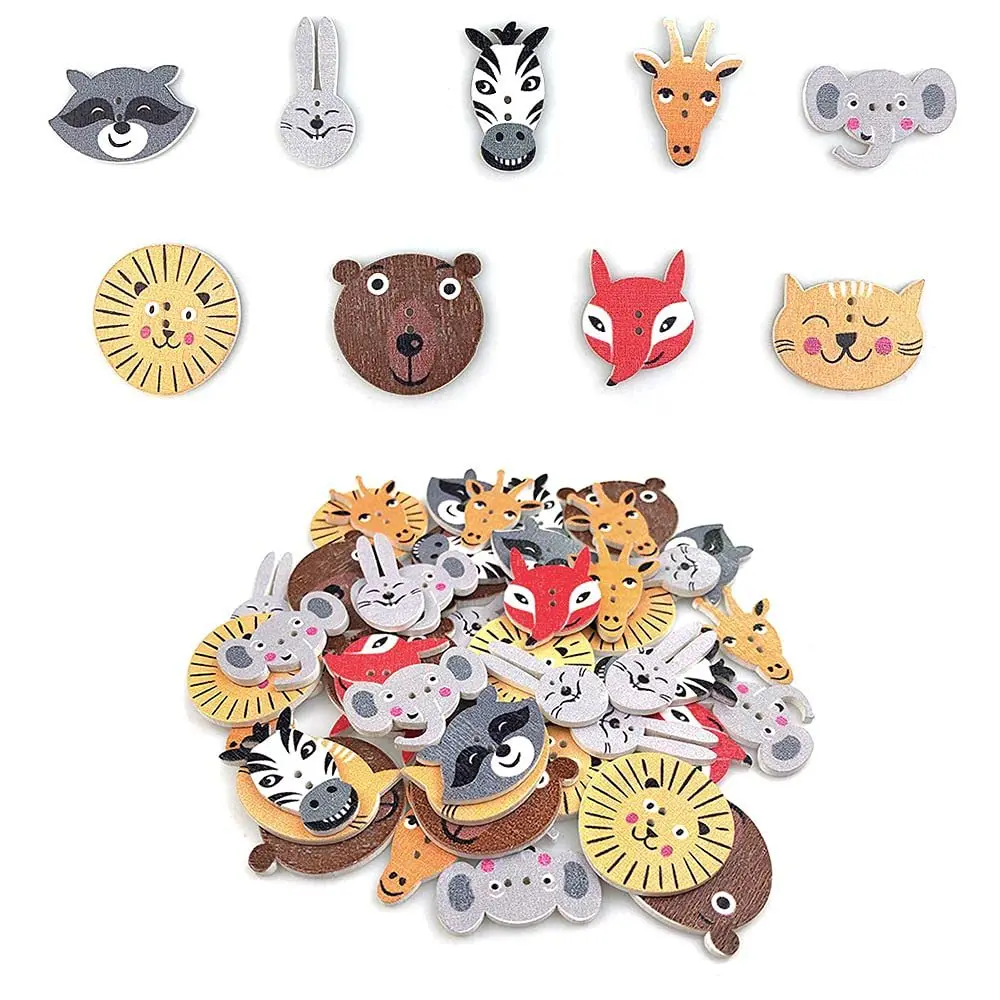 

Children's animal head mixed wooden button buttons on white background, a pack of 50 cartoon animal button decorative buttons
