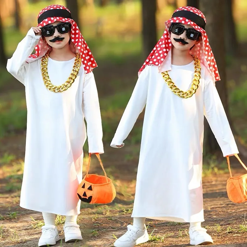 

Middle East Arab Style Long Robe Headscarf Accessories Set Kid Boy Wealthy Cosplay Costume Stage Performance Halloween Suit