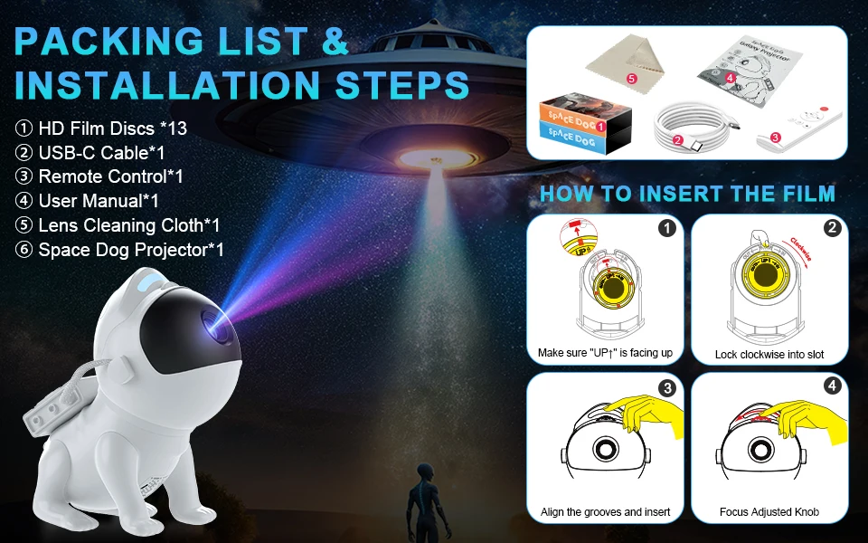 Star Projector Space Dog Projector Night Light 13 High-Definition Galaxy Discs Bedroom Decor Space Projector Birthday Gift