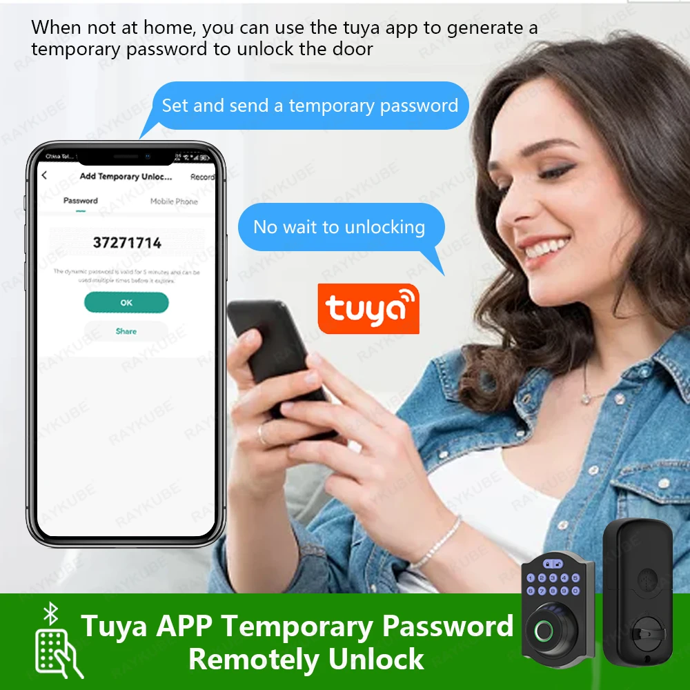 RAYKUBE-Tuya BLE Fingerprint Deadbolt Lock, Bloqueio Digital Inteligente, Bloqueio automático, Atraso de senha, Chave, APP desbloqueio remoto, 904F,