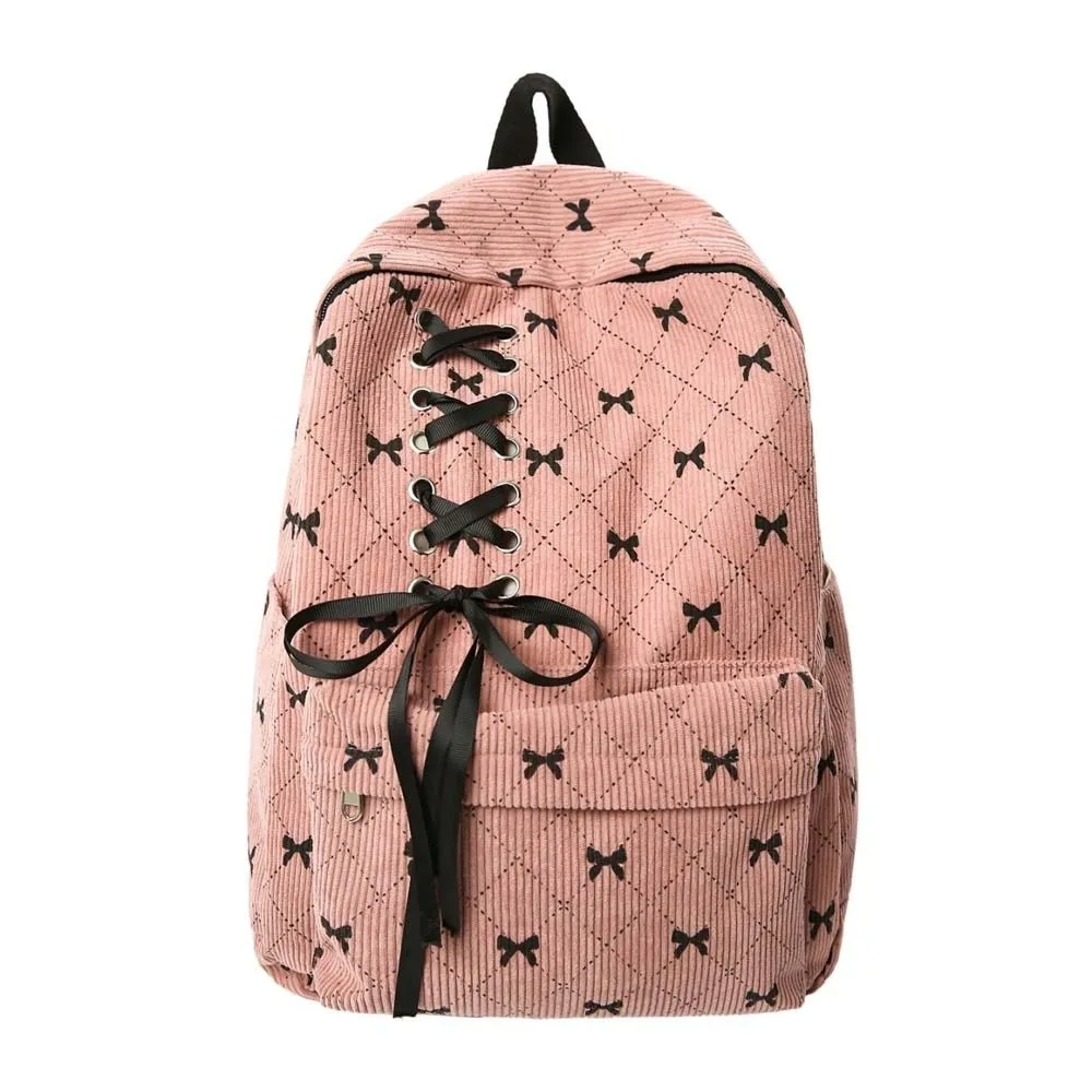 

Daypack Corduroy Bow Backpack Silk Design Casual Students School Bag Durable Fixed Webbing Large Capacity Backpack Sport