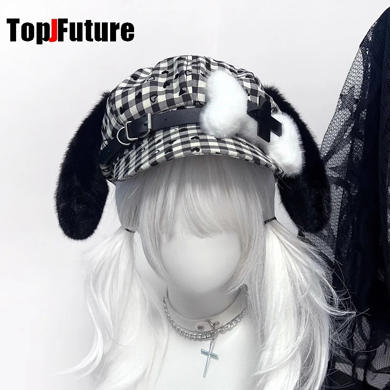 

Subculture Y2K Girls Japanese Cute Ladies Octagonal Hat Plush Rabbit Ears puppy bone leather button cross black Plaid beret hat