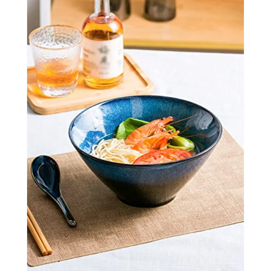 Large Salad Soup Ramen Serving Bowls, Ceramic Japanese Ramen Noodle Bowls with Chopsticks, Spoons and Rests - Super Big Bowl Se