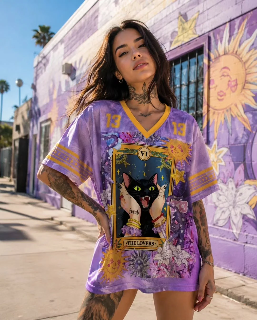 Unisex Oversized V Neck Jersey The Lovers Tarot Black Cat Print Purple Tie Dye Short Sleeve T Shirt Witchy Sun Graphic Tee