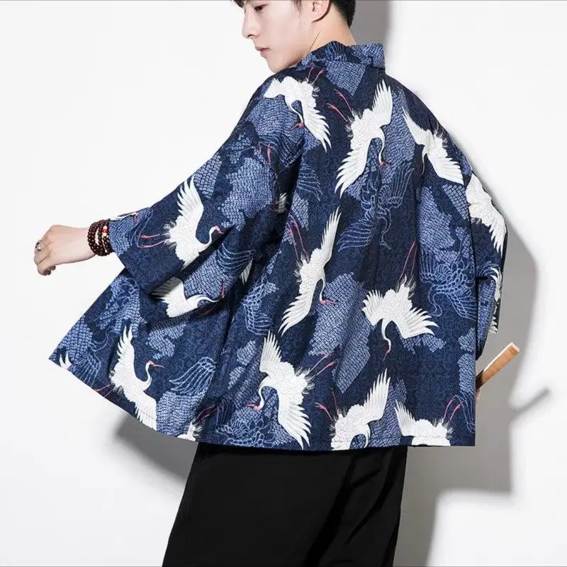 

Chinese Style Linen Crane Print Tang Suit for Men's Summer Cardigan Short Sleeves Loose Oversize Shawl Casual Lightweight Hanfu