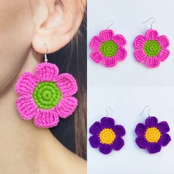 Crochet Colorful Dopamine Flower Earrings For Women Girl Fashion Handmade Bohemian Hot Pink Floral Petal Shape Earring Gift