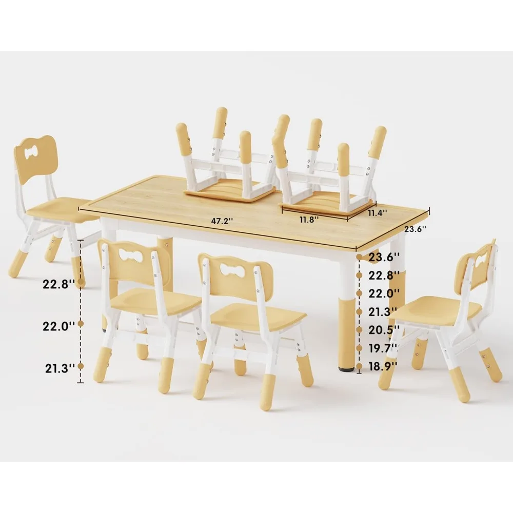 Juego de mesa y 6 sillas para niños, juego de mesa y sillas para niños pequeños de altura ajustable, escritorio Graffiti, aula/cuidado del día/hogar