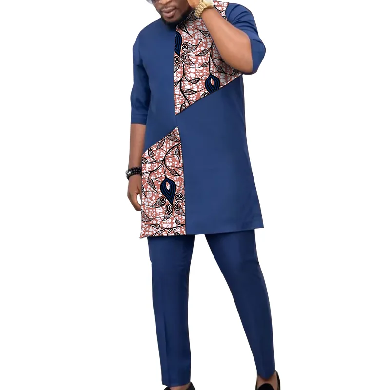 African Patchwork T-Shirt+Solid Pant Half Sleeve Tops Dark Blue Men\'s Set Nigerian Fashion Wedding Outfits