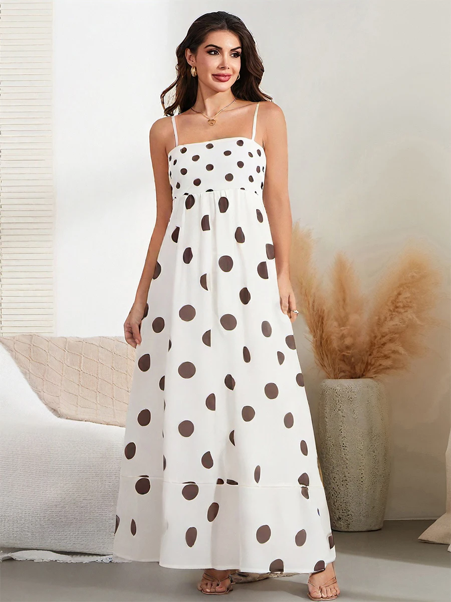 Nouvelle mode femmes longue robe Cami rayure point imprimé Spaghetti sangle dos nu a-ligne robe fluide offre spéciale S M L