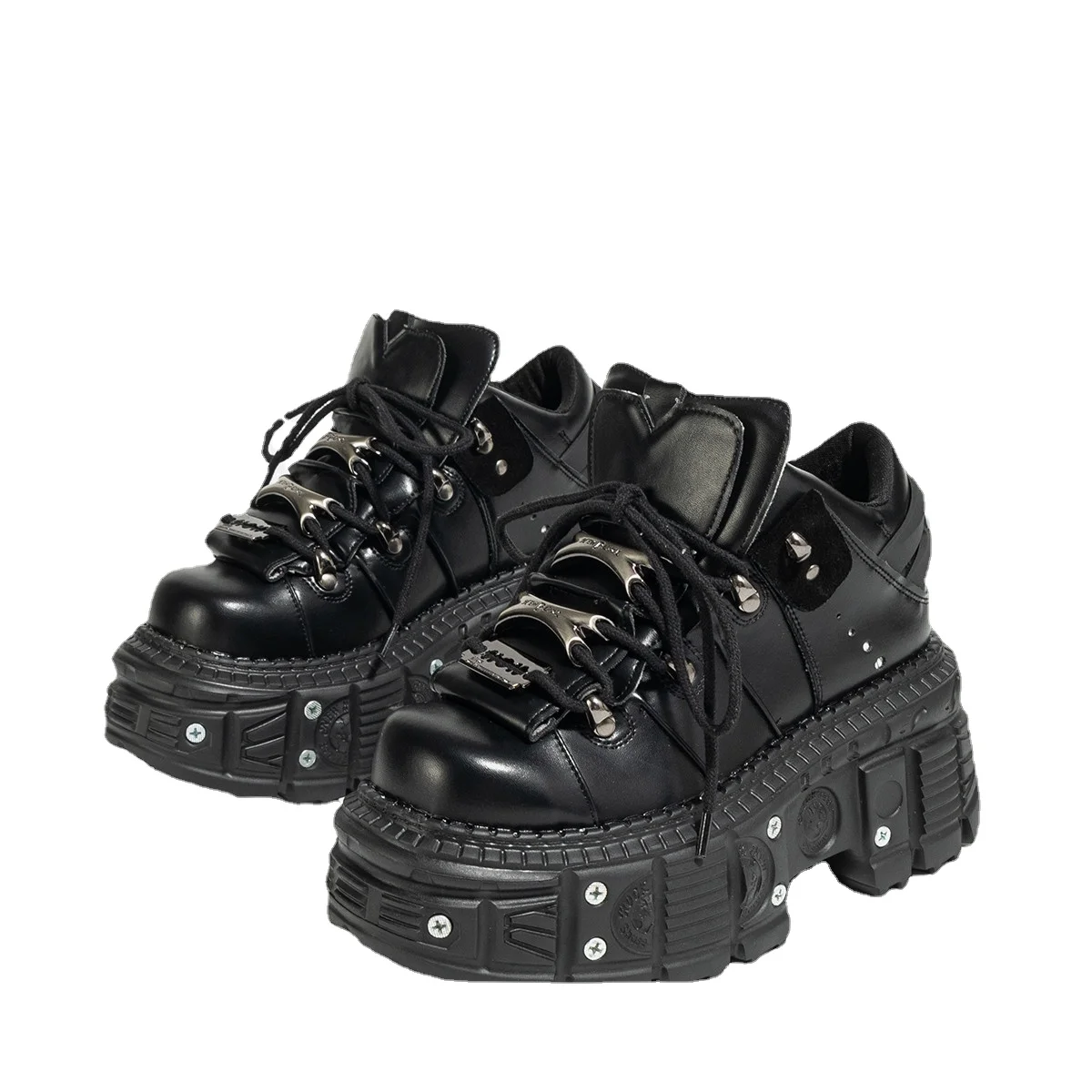 Gothic Dark Platform Thick Bottom Punk Metal Height-Increasing Leather Women's Small Rock Lace-up Rivet Shoes