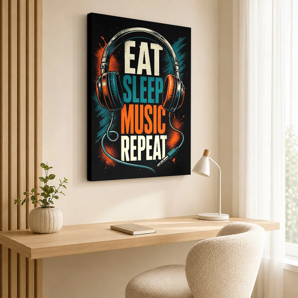 Eat Sleep Music Repeat Headphones Canvas Painting Poster Custom Retro Music Wall Art for Bar Decor Ready to Hang Gift for Fans