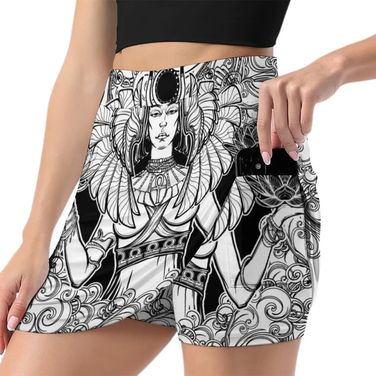 Zodiac sign Libra. Egyptian goddess Isis balancing in hands black and white lotus as a symbol of equilibrium. Decorat Mini Skirt