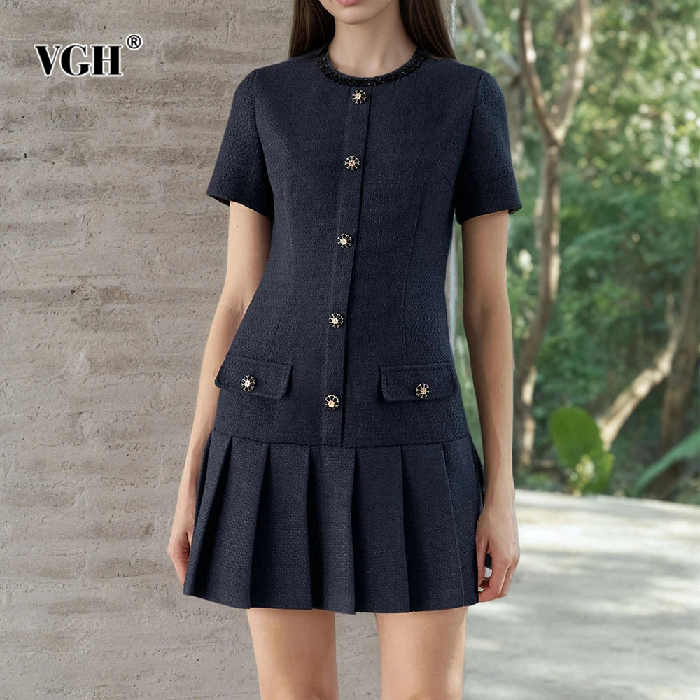 

VGH Designer Slimming Solid Spliced Button Dresses For Women Round Neck Short Sleeve High Waist Folds Dress Female Fashion New