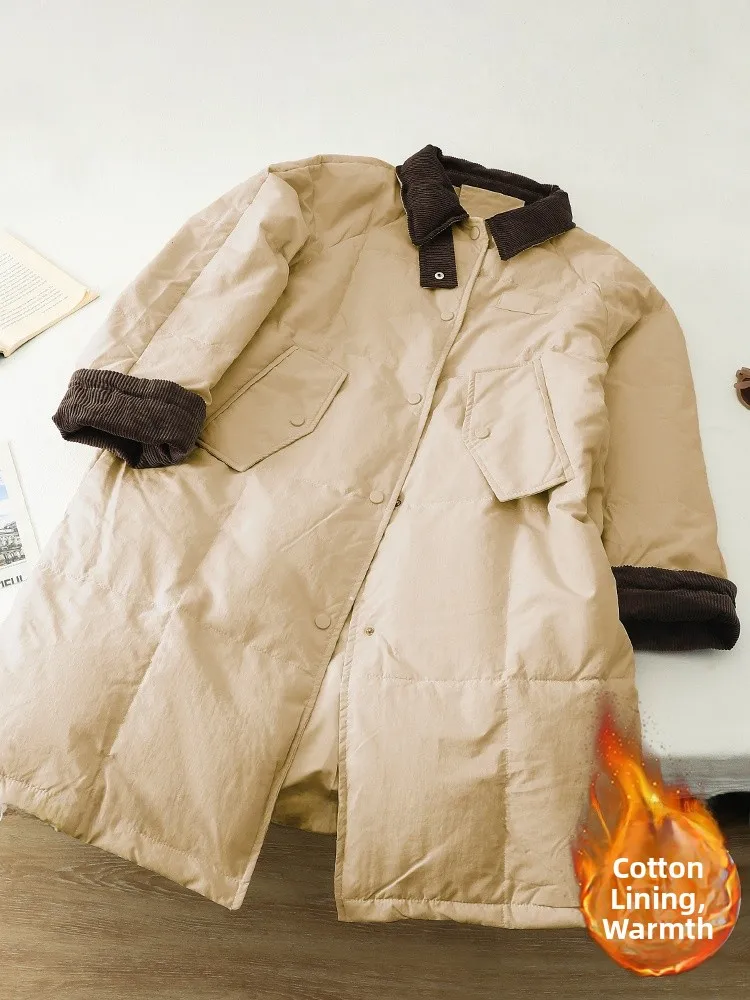 

Вельветовое пуховое женское зимнее модное элитное свободное теплое хлопковое пальто средней длины, верхняя одежда в стиле ретро, длинный све